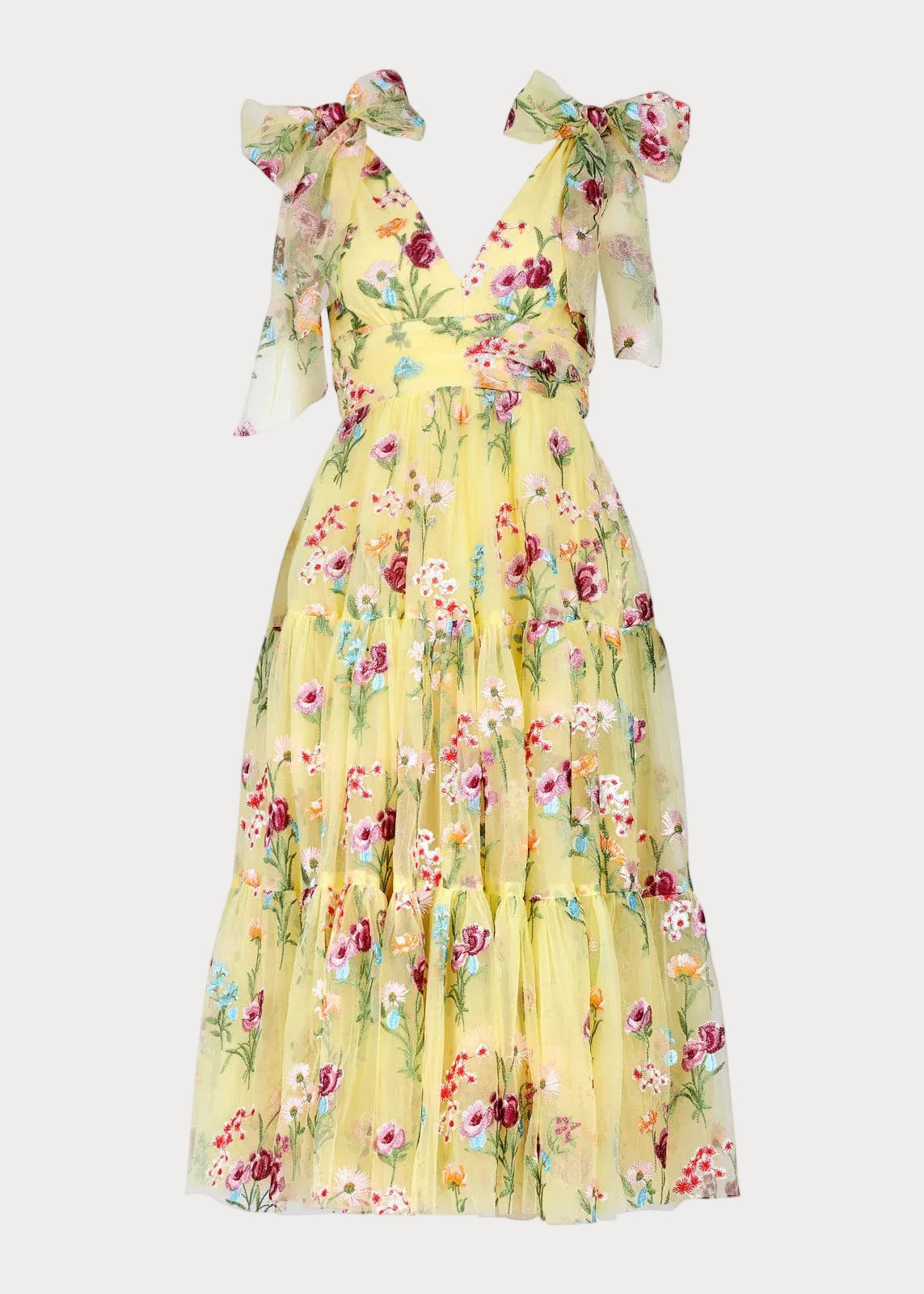 Margaret Floral Embroidered Midi Dress Yellow