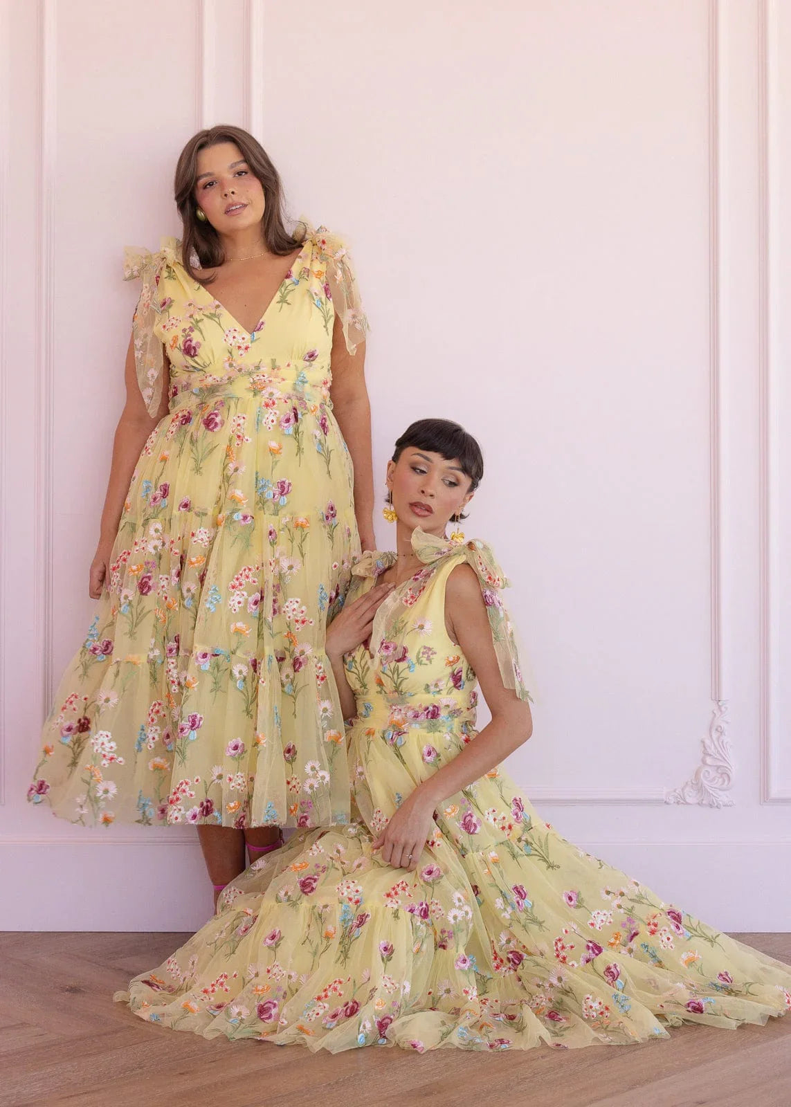 Margaret Floral Midi Dress | Yellow Embroidered