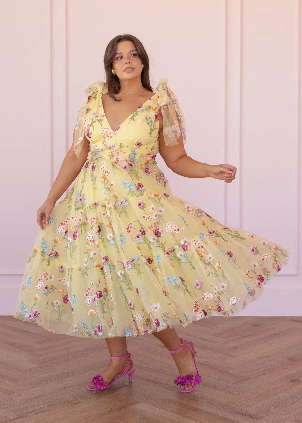 Margaret Floral Midi Dress | Yellow Embroidered