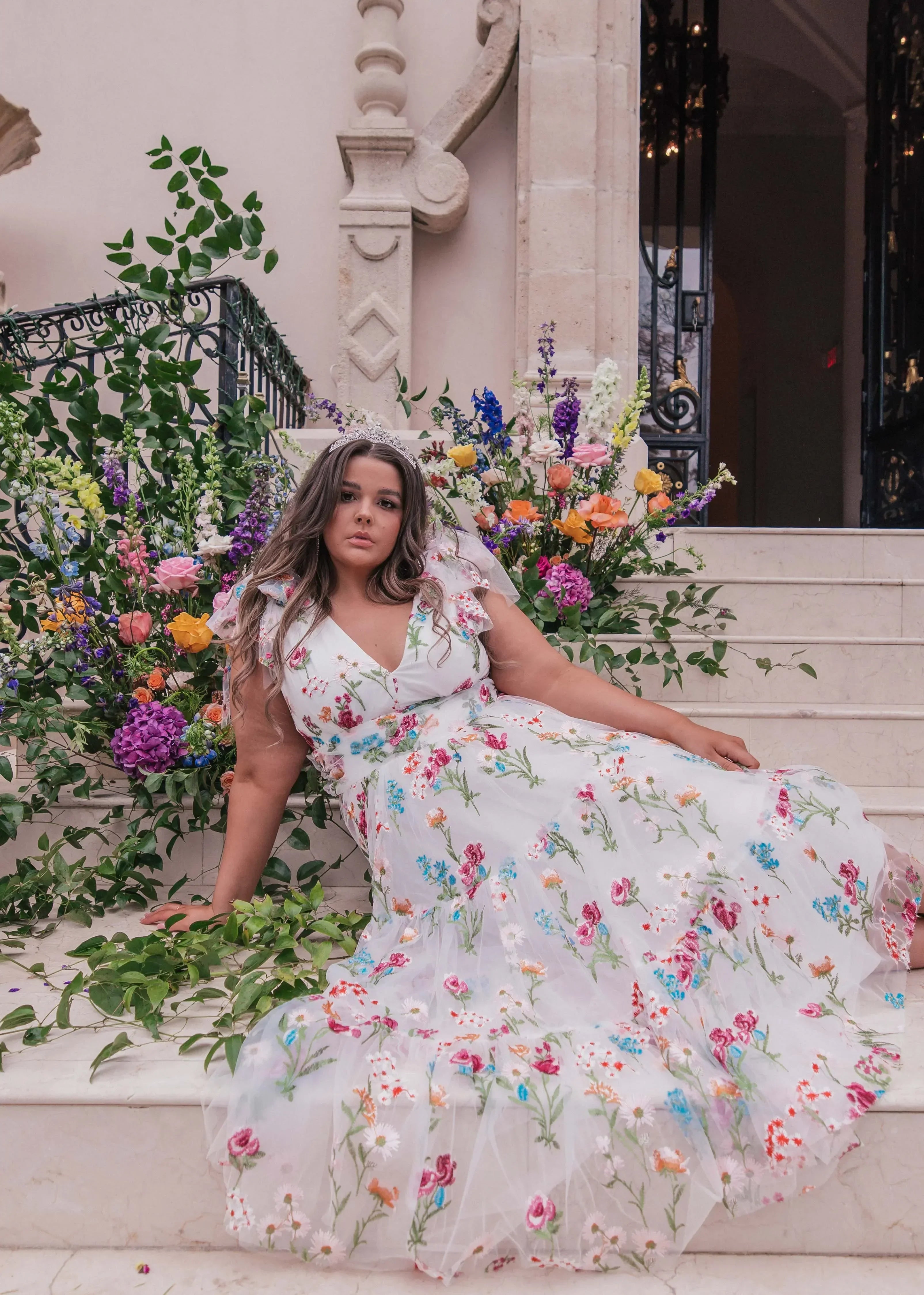 Margaret Floral Midi Dress | White Floral Embroidered