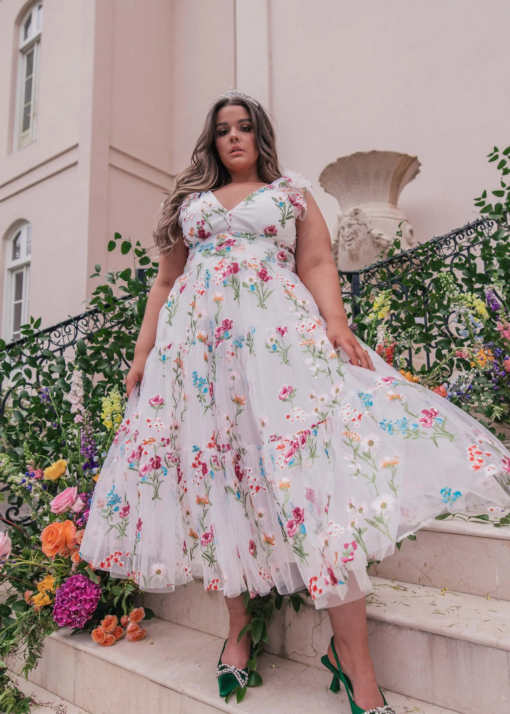 Margaret Floral Midi Dress | White Floral Embroidered