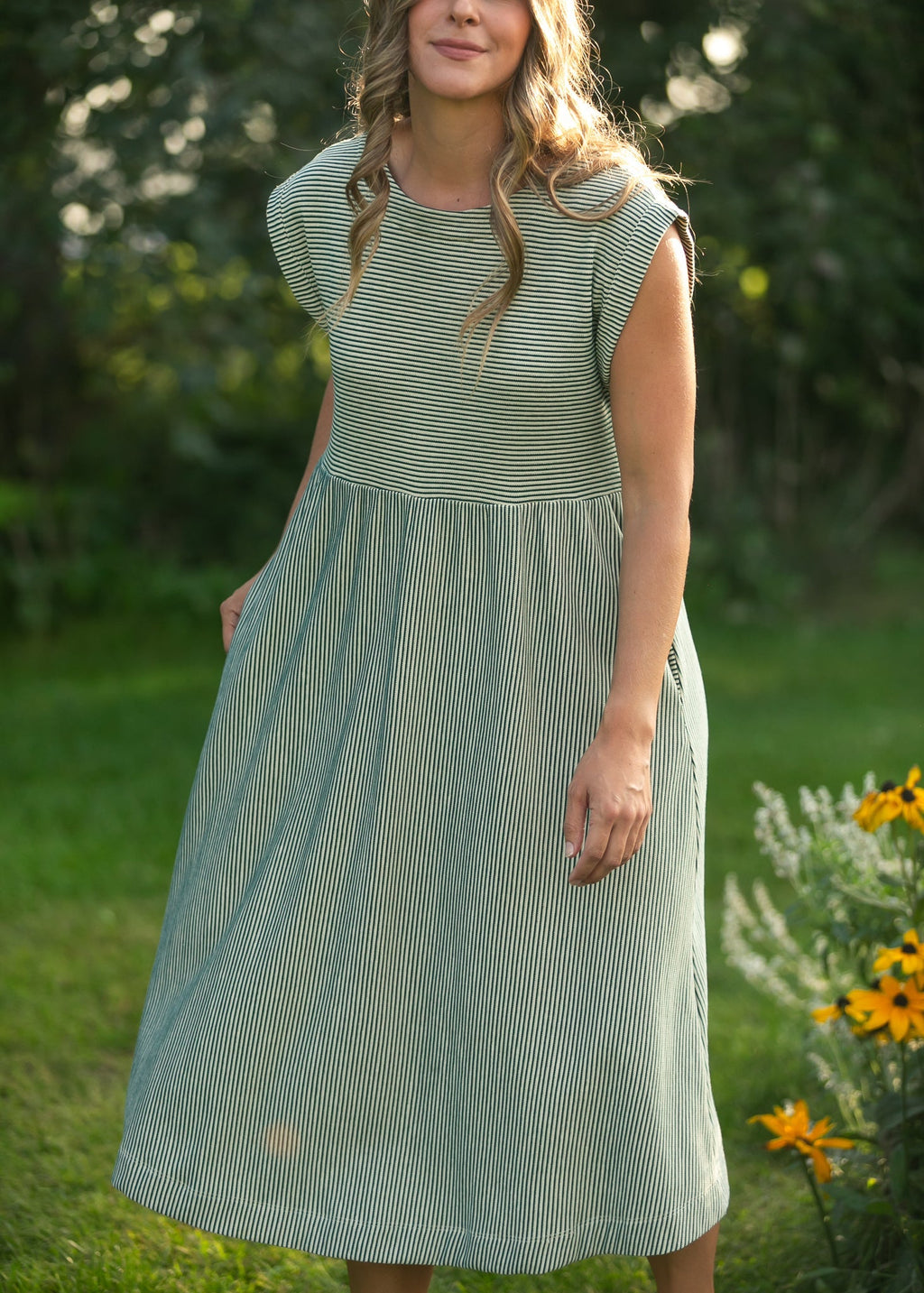 Olivia Green Striped A-Line Midi Dress | Modest & Pocket-Friendly