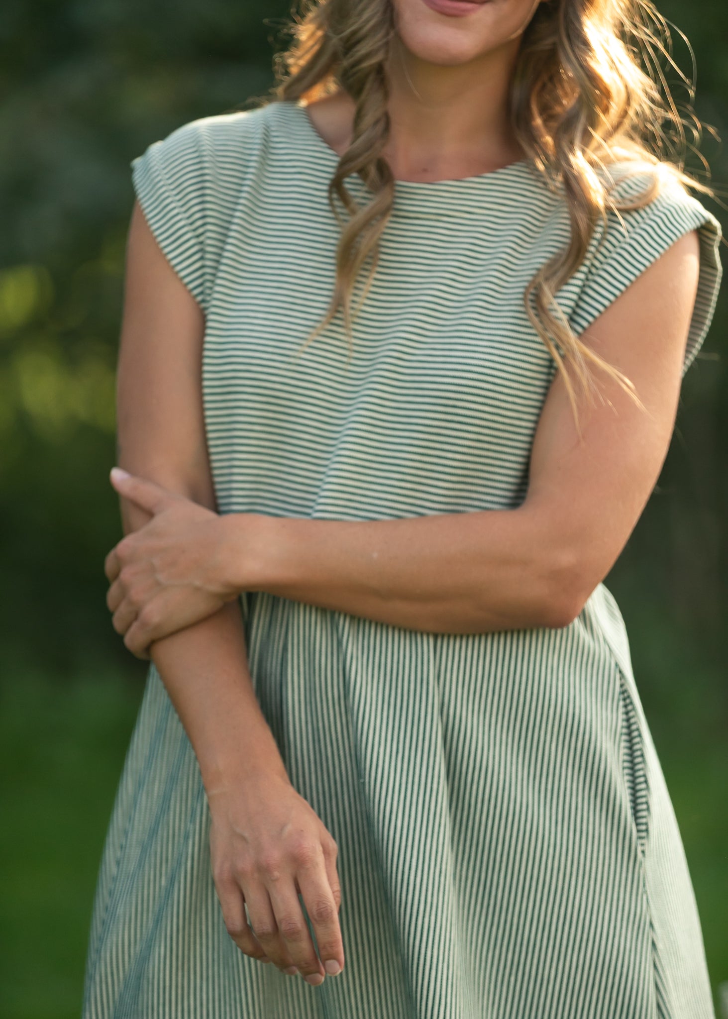Olivia Green Striped A-Line Midi Dress | Modest & Pocket-Friendly