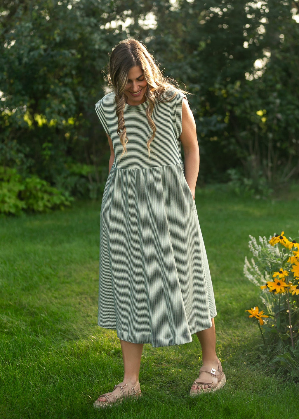 Olivia Green Striped A-Line Midi Dress | Modest & Pocket-Friendly