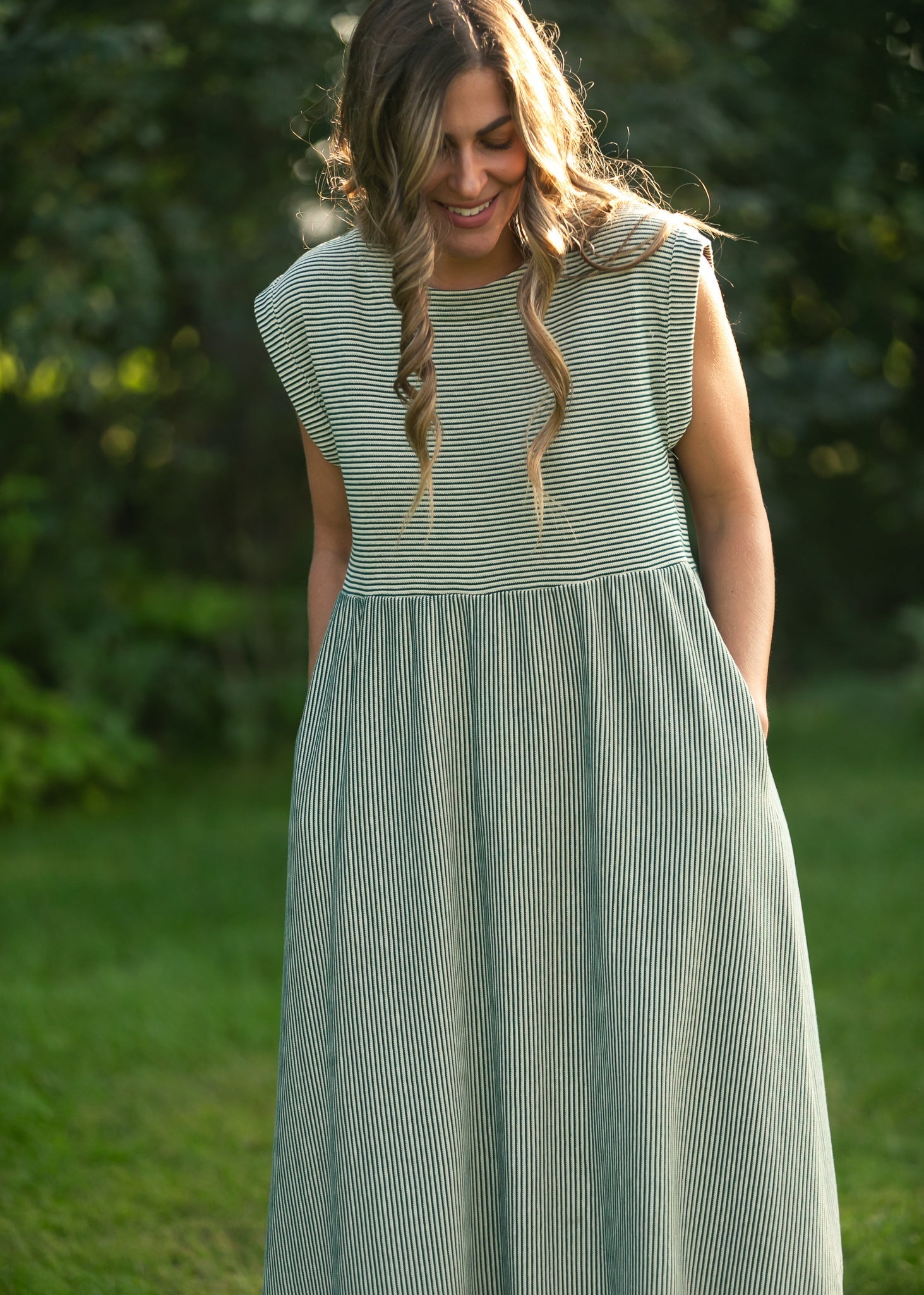 Olivia Green Striped A-Line Midi Dress | Modest & Pocket-Friendly