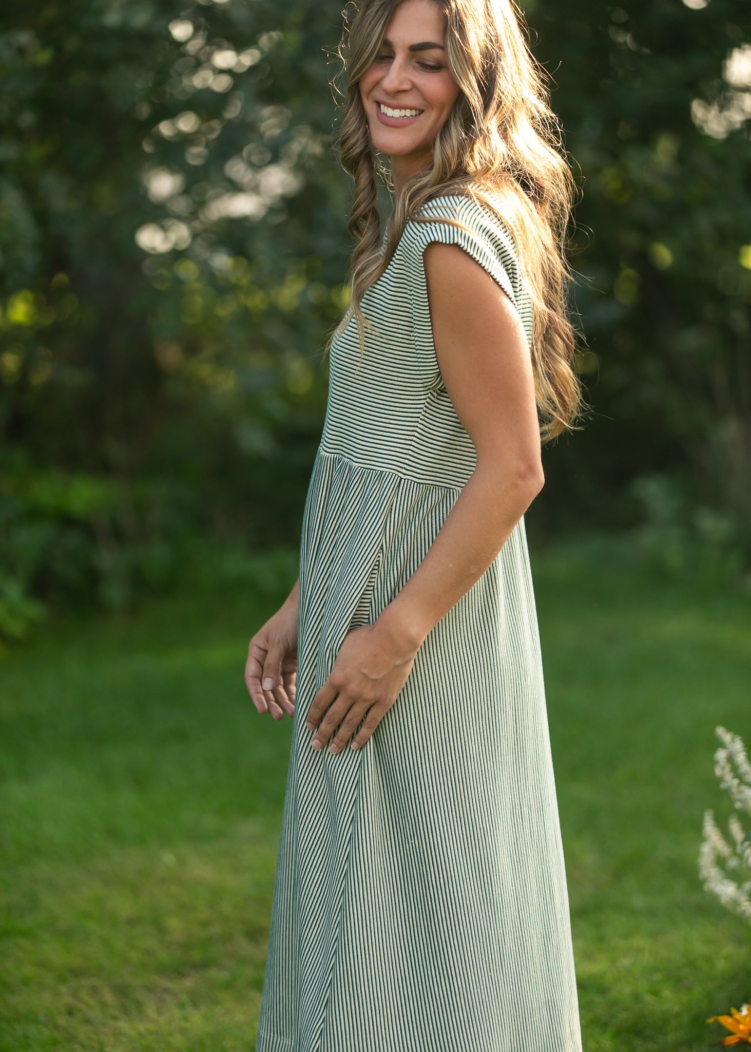 Olivia Green Striped A-Line Midi Dress | Modest & Pocket-Friendly