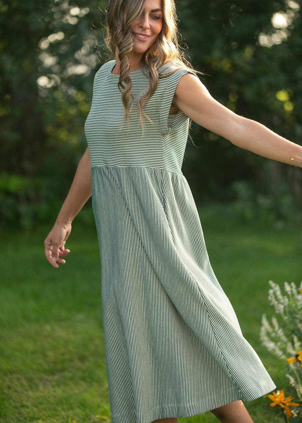 Olivia Green Striped A-Line Midi Dress | Modest & Pocket-Friendly