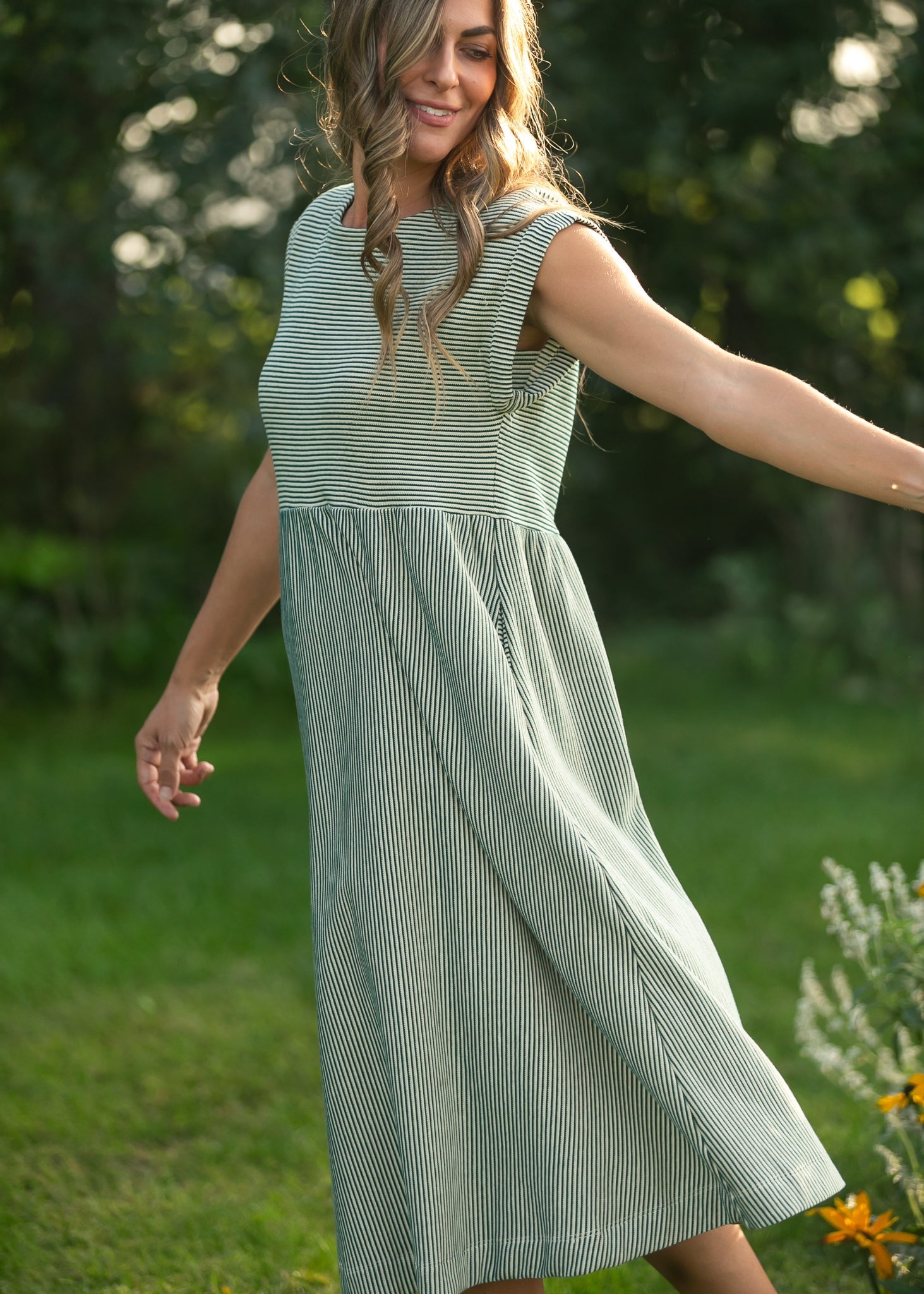 Olivia Green Striped A-Line Midi Dress | Modest & Pocket-Friendly