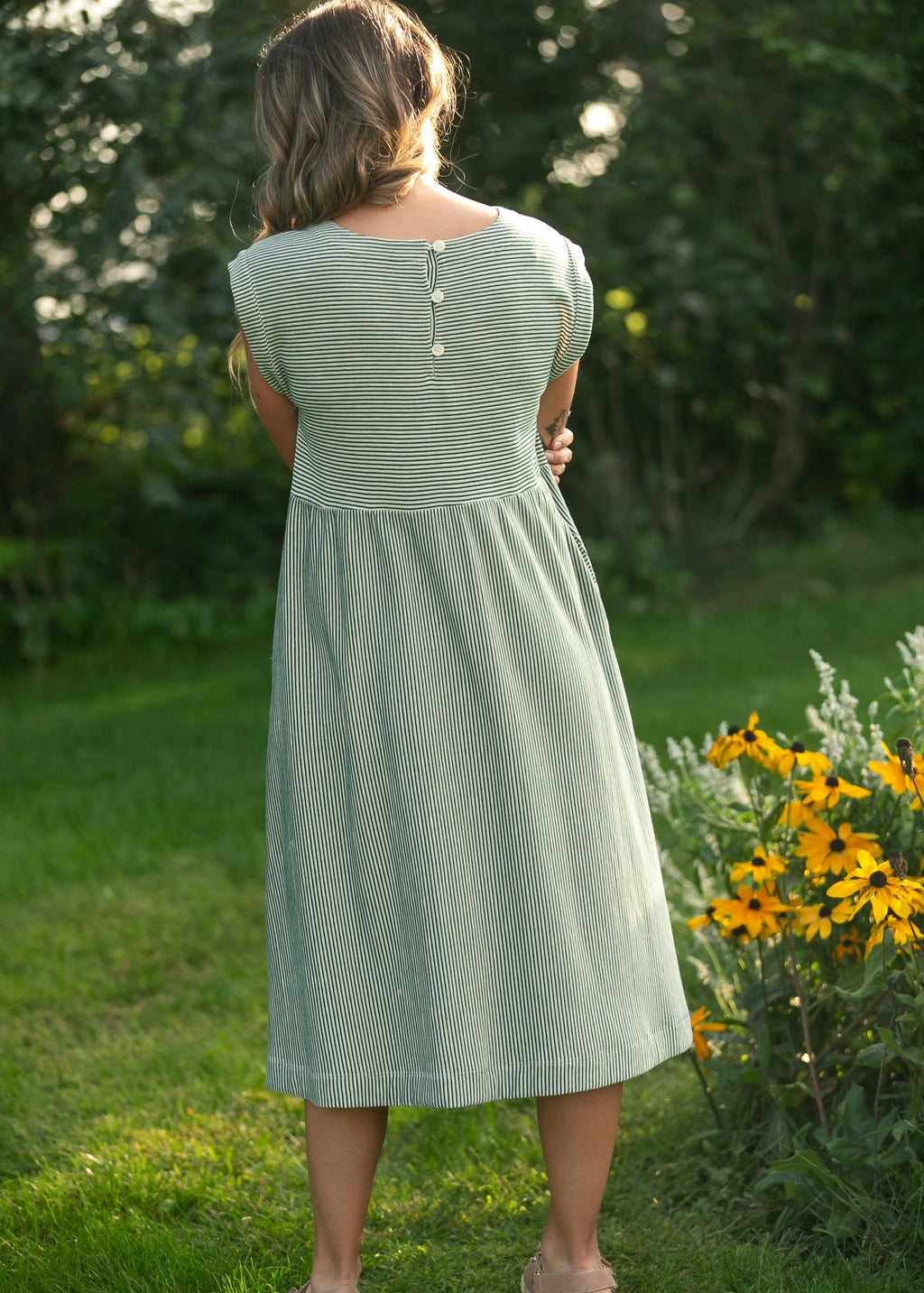 Olivia Green Striped A-Line Midi Dress | Modest & Pocket-Friendly