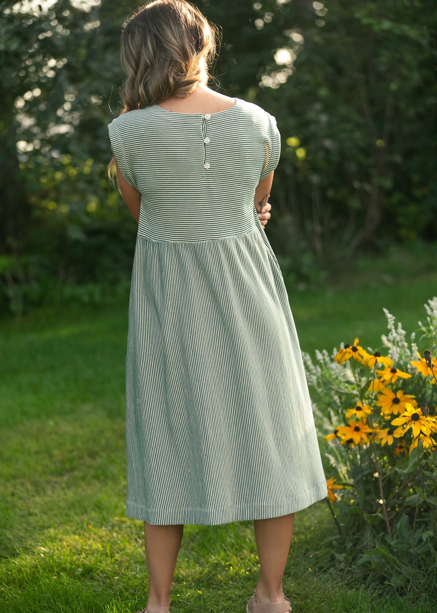 Olivia Green Striped A-Line Midi Dress | Modest & Pocket-Friendly