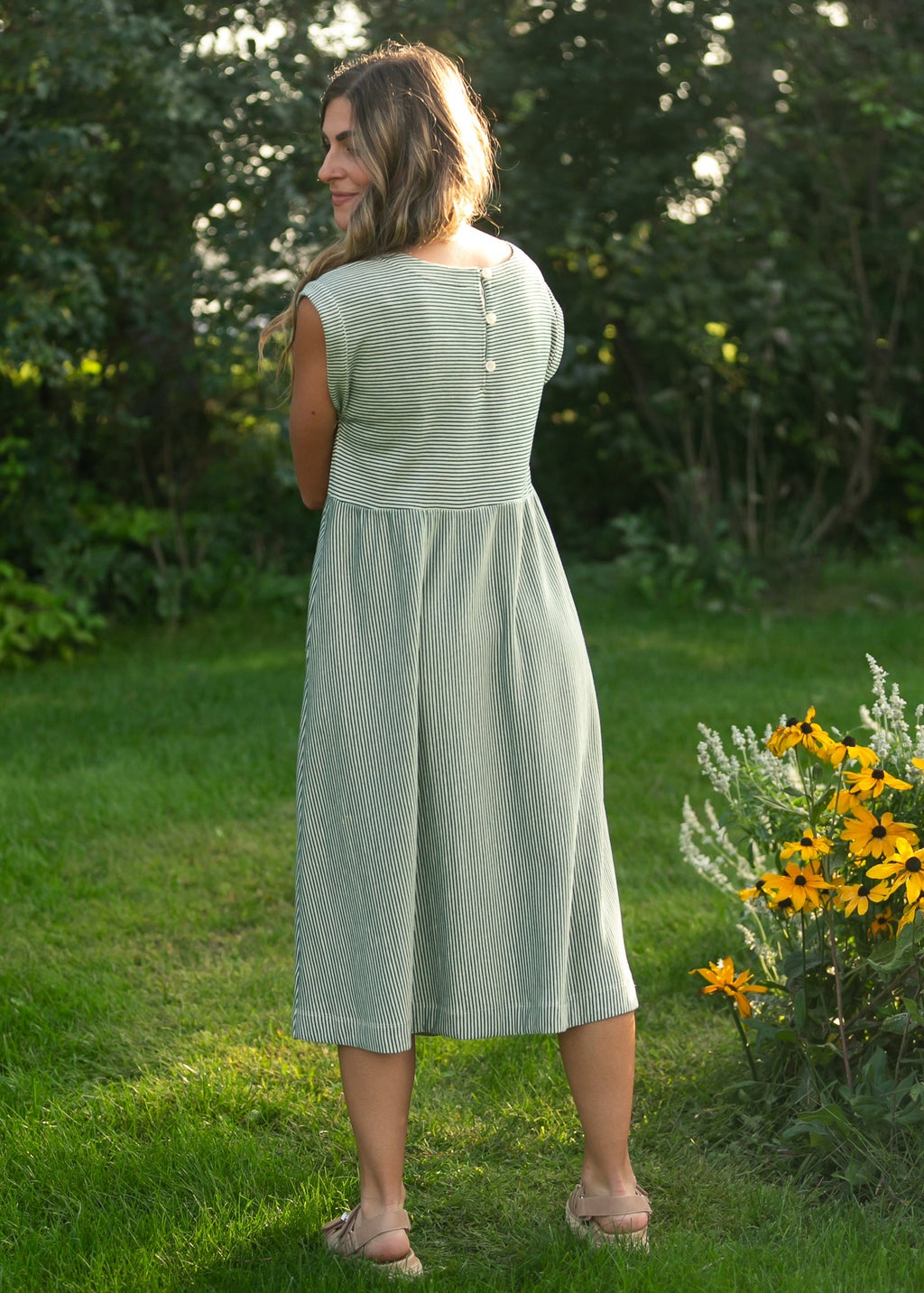 Olivia Green Striped A-Line Midi Dress | Modest & Pocket-Friendly