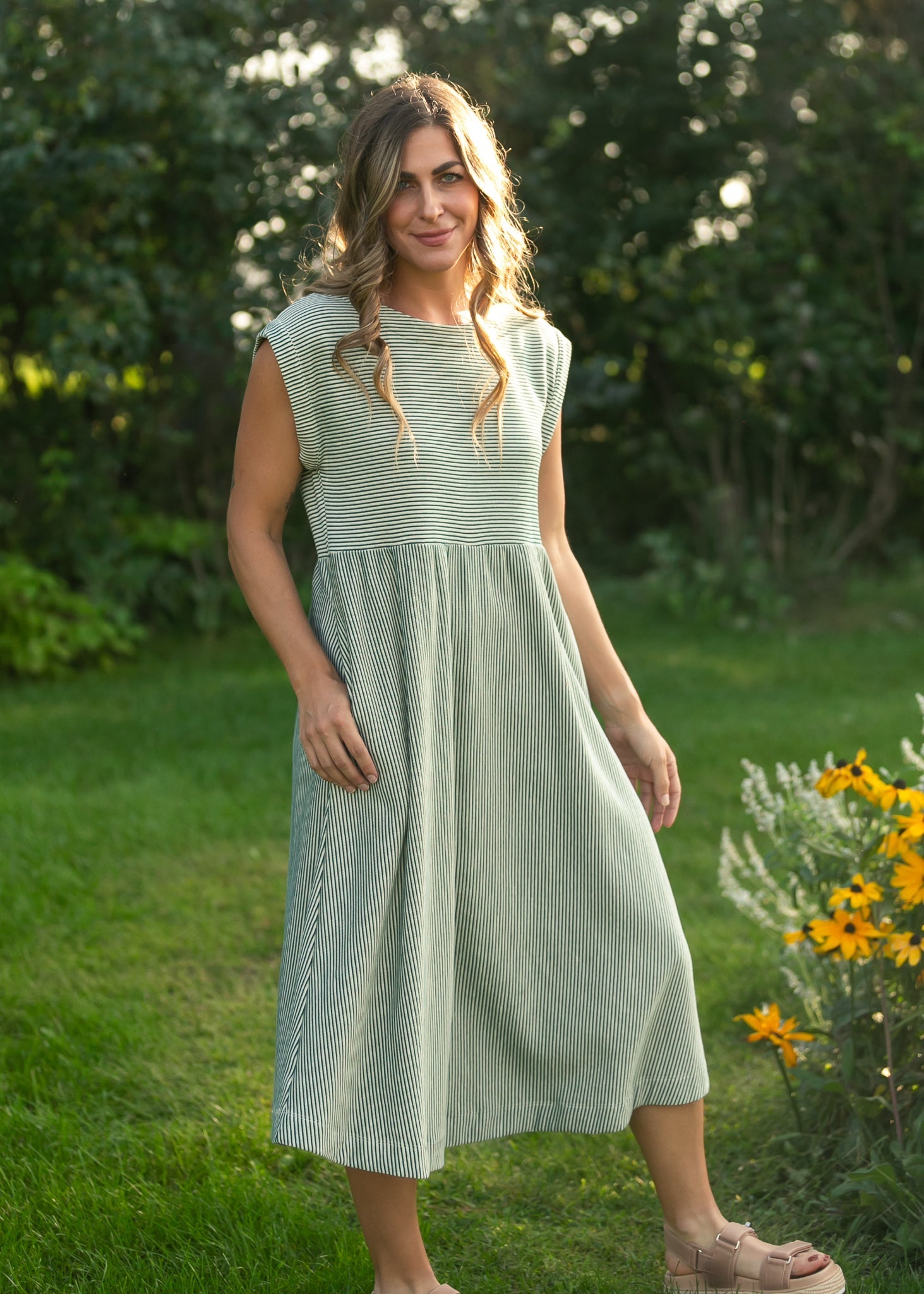 Olivia Green Striped A-Line Midi Dress – Modest, Pockets & Cap Sleeve – The Feminine Thread