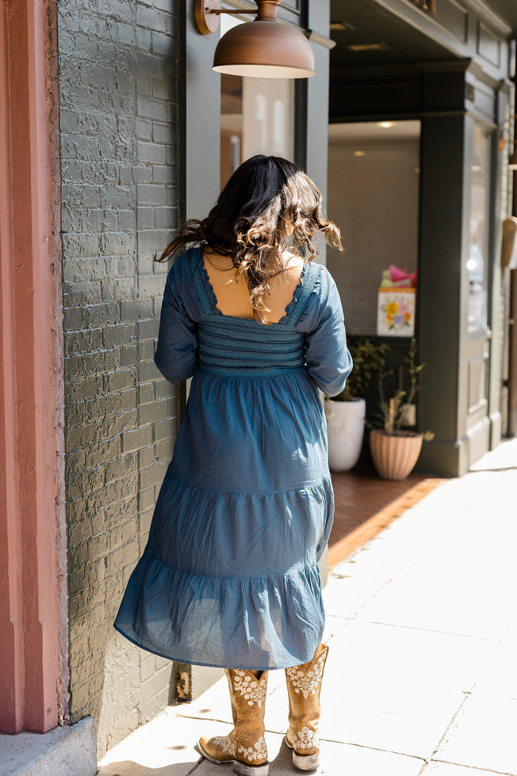 The Jenna Dress in Teal | Embroidered Smocked Midi Dress with Pockets
