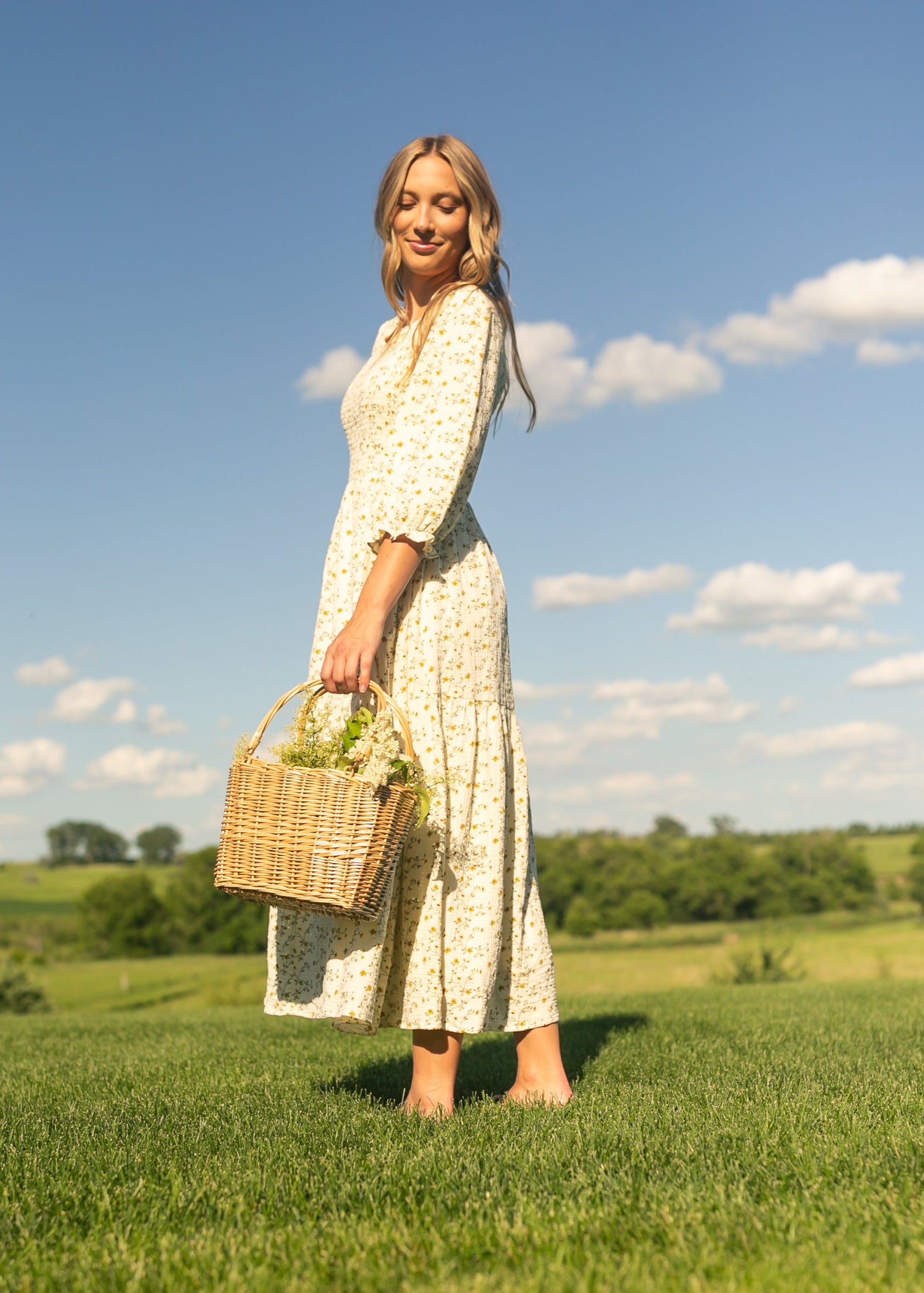 Flora Smocked Midi Dress | 3/4 Puff Sleeve & Pockets